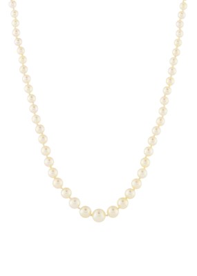 Lot 18 - An early 20th century pearl single-strand necklace, with gold diamond clasp