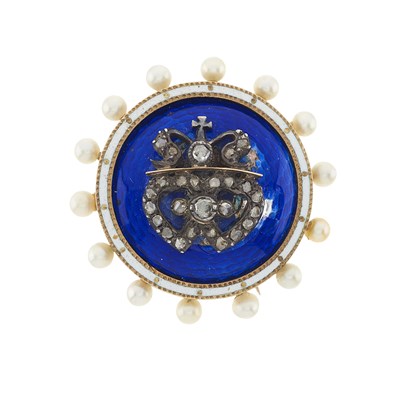 Lot 11 - A late 19th century gold enamel pearl and diamond crowned heart brooch