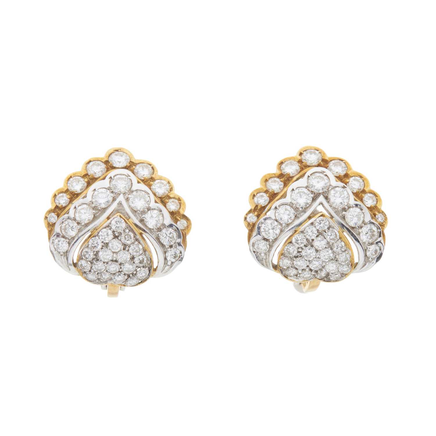Lot 117 - A pair of 18ct bi-colour gold diamond heart-shape clip earrings
