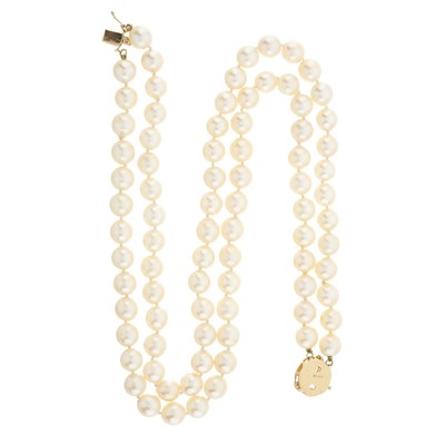 Lot 68 - A cultured pearl two-row choker necklace, with 14ct gold diamond clasp