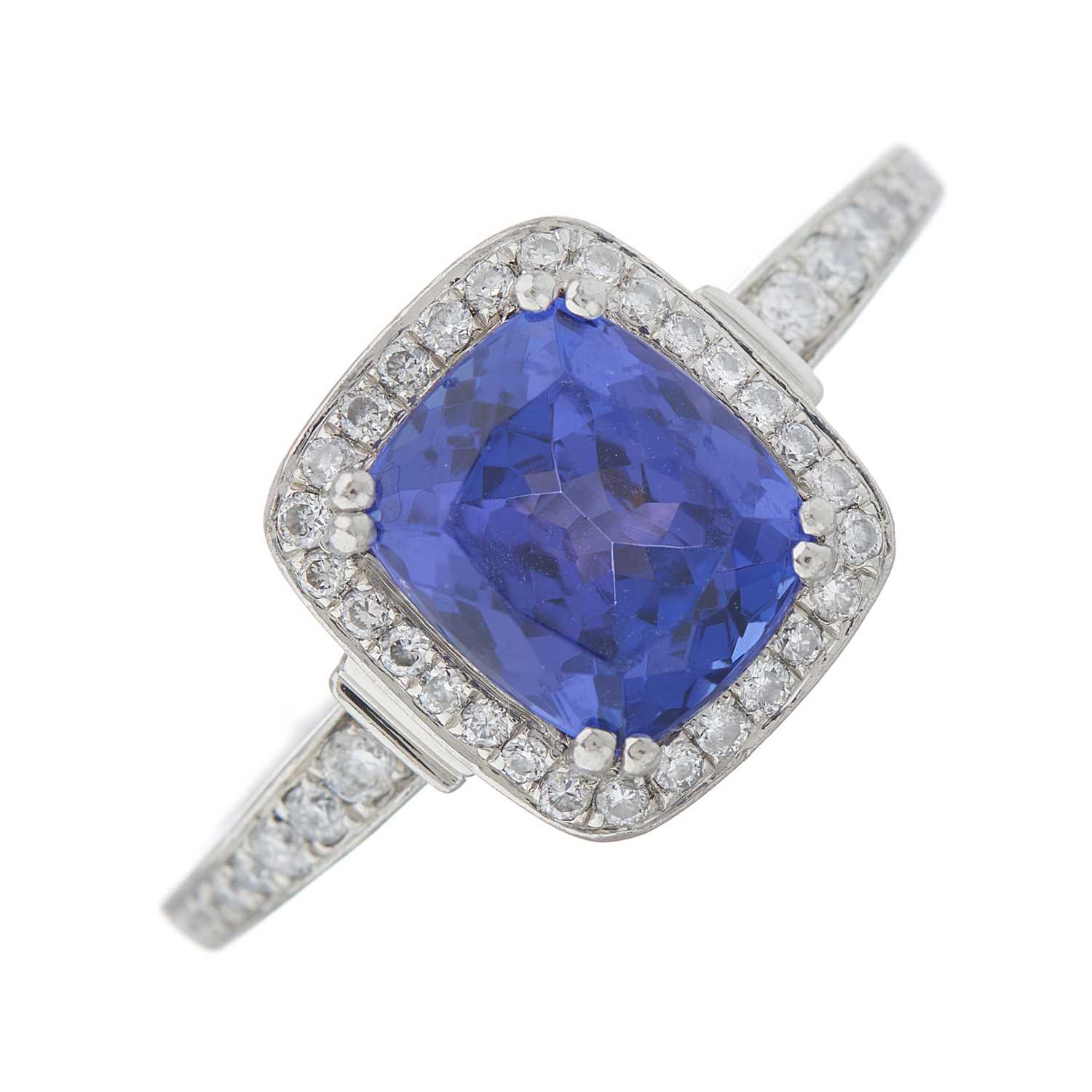 Lot 46 - A platinum cushion-shape tanzanite and...