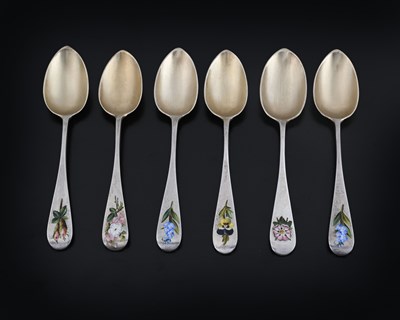 Lot 221 - A set of six Victorian silver and enamel...