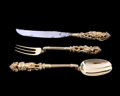 Lot 69 - A George IV silver-gilt knife, fork and spoon,...