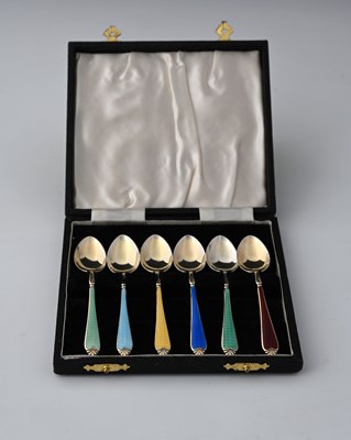 Lot 216 - A cased set of six coffee spoons, in silver...