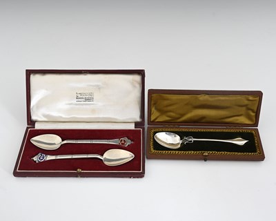Lot 487 - R.E. Stone, a pair of silver and enamel spoons,...