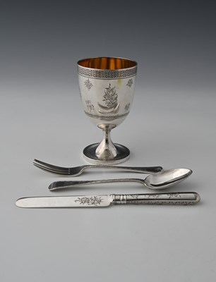 Lot 323 - A Victorian silver goblet, and knife, fork,...