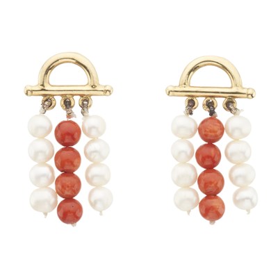 Lot 75 - A pair of 18ct gold coral and pearl drop earrings