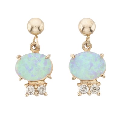 Lot 203 - A pair of 9ct gold opal and diamond drop earrings
