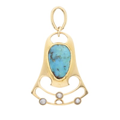 Lot 76 - Murrle Bennett & Co., an Art Nouveau 15ct gold turquoise and pearl pendant