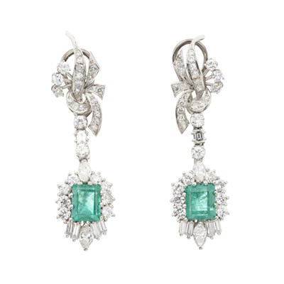 Lot 89 - A pair of mid 20th century emerald and diamond drop earrings