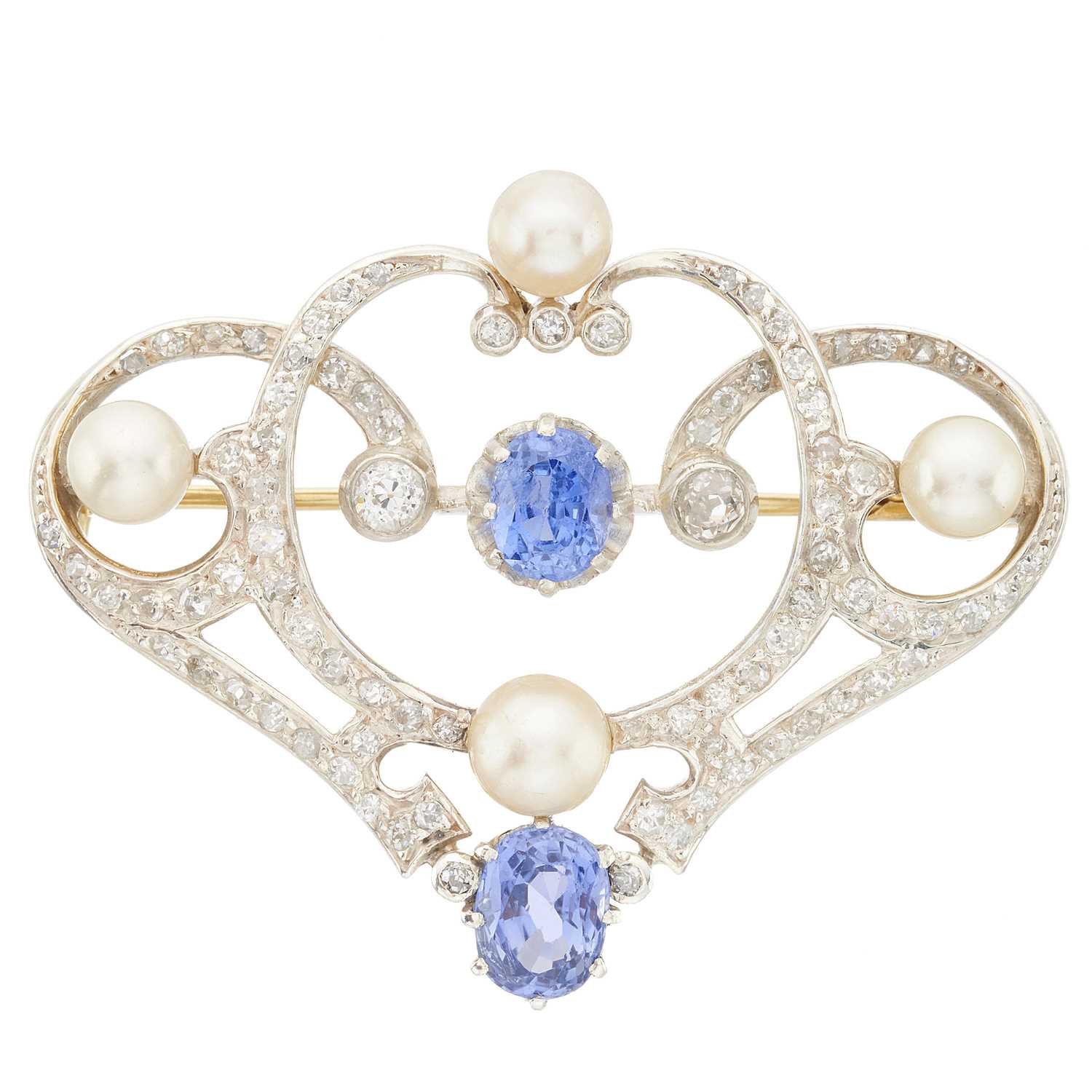 Lot 83 - A Belle Epoque gold and silver, sapphire, pearl and diamond brooch