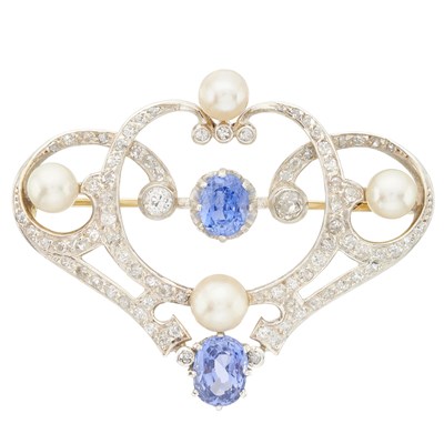 Lot 83 - A Belle Epoque gold and silver, sapphire, pearl and diamond brooch