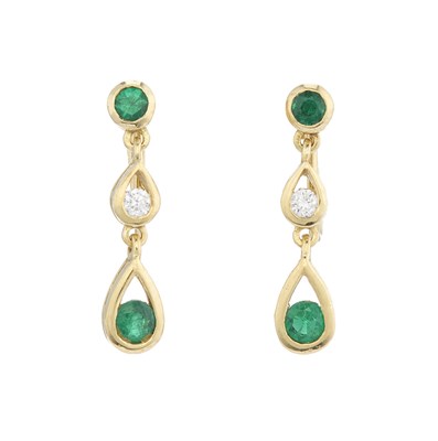 Lot 214 - A pair of 18ct gold emerald and diamond drop earrings