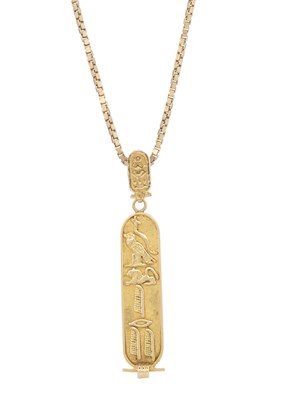 Lot 160 - An Egyptian gold cartouche pendant, with chain and a pair of matching earrings