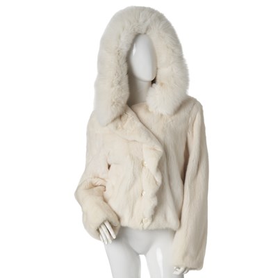 Lot 516 - Isla, a white mink hooded jacket w/fox trim.