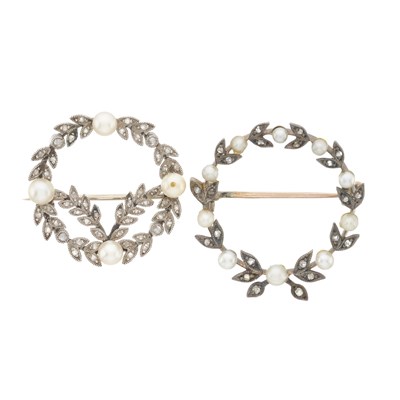 Lot 185 - Two Edwardian pearl and diamond wreath brooches