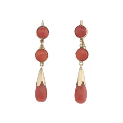 Lot 73 - A pair of early 20th century gold coral drop earrings
