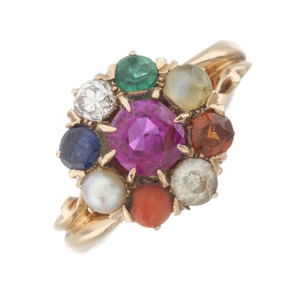 Lot 2 - A rare early 20th century gold multi-gem cluster Navaratna acrostic ring