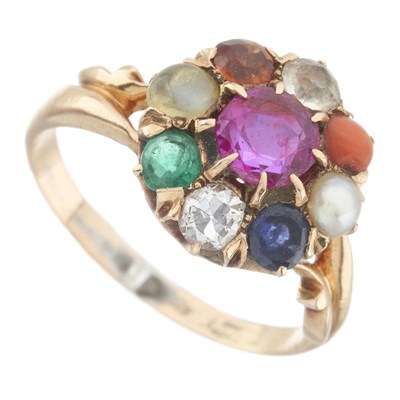 Lot 2 - A rare early 20th century gold multi-gem cluster Navaratna acrostic ring