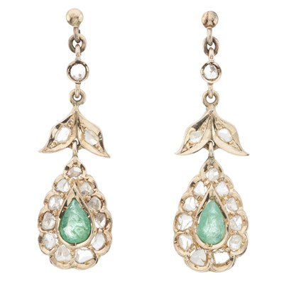 Lot 7 - A pair of gold emerald and diamond foliate drop earrings