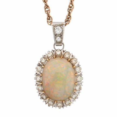 Lot 105 - An opal and diamond cluster pendant, with 9ct gold chain