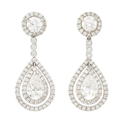 Lot 139 - A pair of platinum diamond cluster drop earrings, with GIA reports