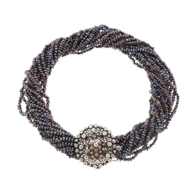 Lot 88 - A black pearl multi-strand torsade necklace, with 19th century diamond cluster clasp