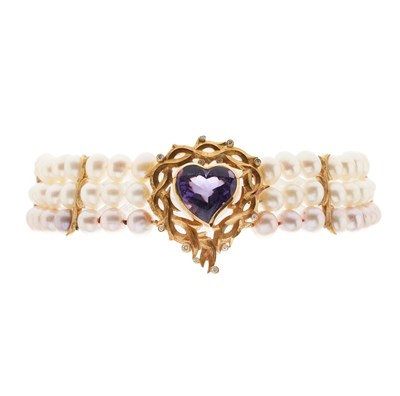 Lot 125 - Stephen Webster, a pearl three-row choker necklace, with 18ct gold amethyst and diamond heart clasp