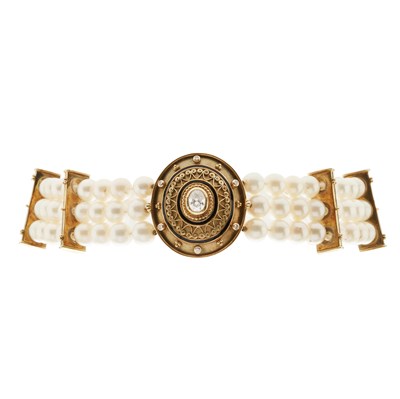 Lot 141 - Theo Fennell, a pearl three-row choker necklace, with 18ct gold diamond and black enamel spacer