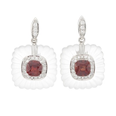 Lot 93 - A pair of platinum red spinel, diamond and rock crystal drop earrings