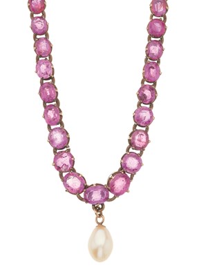 Lot 108 - A mid 20th century 9ct gold pink sapphire and pearl necklace