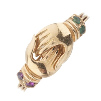 Lot 30 - A late 19th century gold ruby and emerald fede gimmel ring