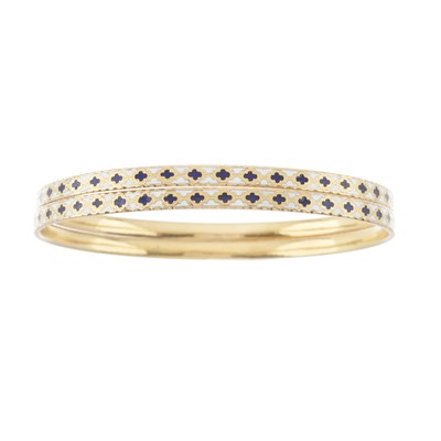 Lot 153 - Two late 19th to early 20th century gold, blue and white enamel bangle bracelets