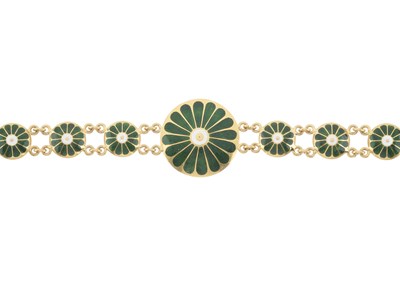 Lot 197 - An 18ct gold green and white enamel floral bracelet