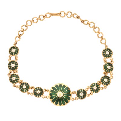 Lot 199 - An 18ct gold green and white enamel floral collar necklace