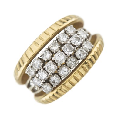 Lot 158 - An 18ct bi-colour gold brilliant-cut diamond three-row dress ring