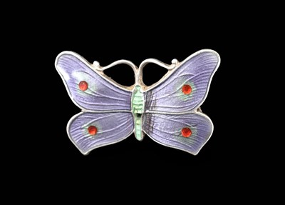 Lot 53 - A silver and enamelled butterfly brooch, J...