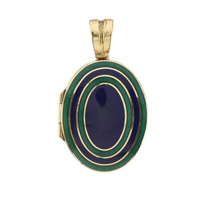 Lot 120 - An 18ct gold blue and green enamel locket pendant