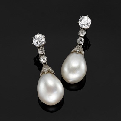 Lot 45 - An exceptional pair of Belle Epoque natural pearl and diamond drop earrings