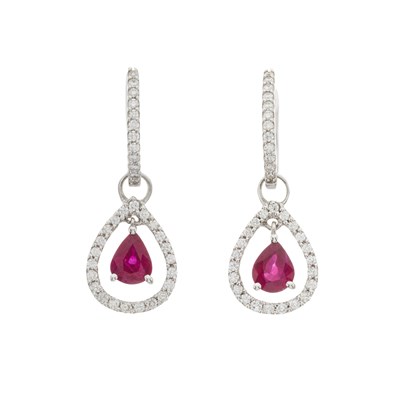 Lot 72 - A pair of 18ct gold ruby and diamond drop earrings