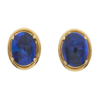 Lot 80 - A pair of 18ct gold black opal single-stone stud earrings