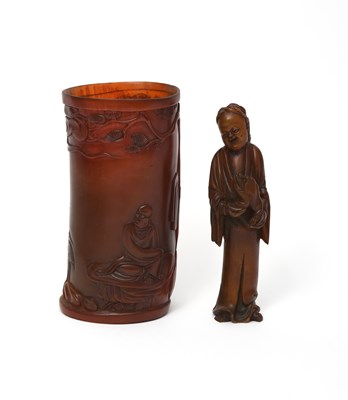 Lot 481 - A Chinese Buffalo horn brush pot, carved with...