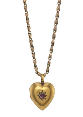Lot 5 - A late Victorian 15ct gold ruby and diamond heart locket pendant, with chain