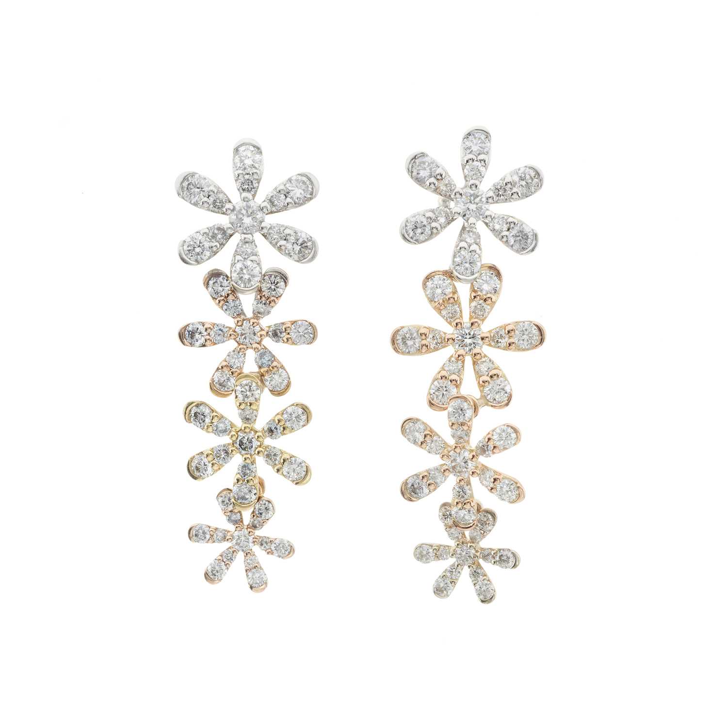 Lot 42 - A pair of 18ct gold brilliant-cut diamond flower cluster drop earrings