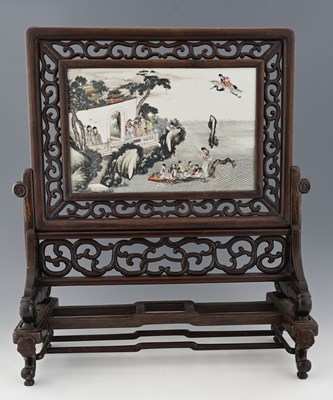 Lot 360 - A Chinese rectangular porcelain table screen,...