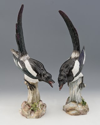 Lot 605 - A large pair of Meissen figures of magpies,...