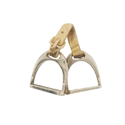Lot 173 - A 9ct bi-colour gold double stirrup pendant