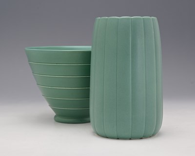 Lot 593 - Keith Murray for Wedgwood, two Art Deco green...