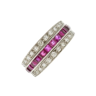 Lot 82 - An Art Deco platinum, calibre-cut ruby and...