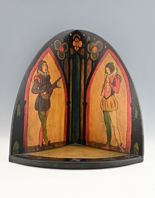 Lot 326 - An Arts and Crafts pokerwork corner shelf,...